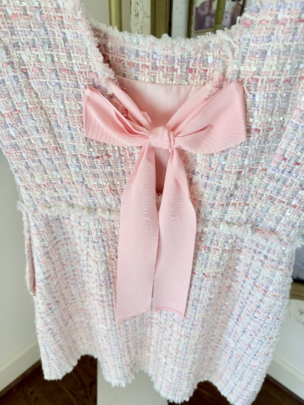 LoveShackFancy Moda Tweed Mini Dress with a Bow - Size 6 - Pink - Picture 10 of 16